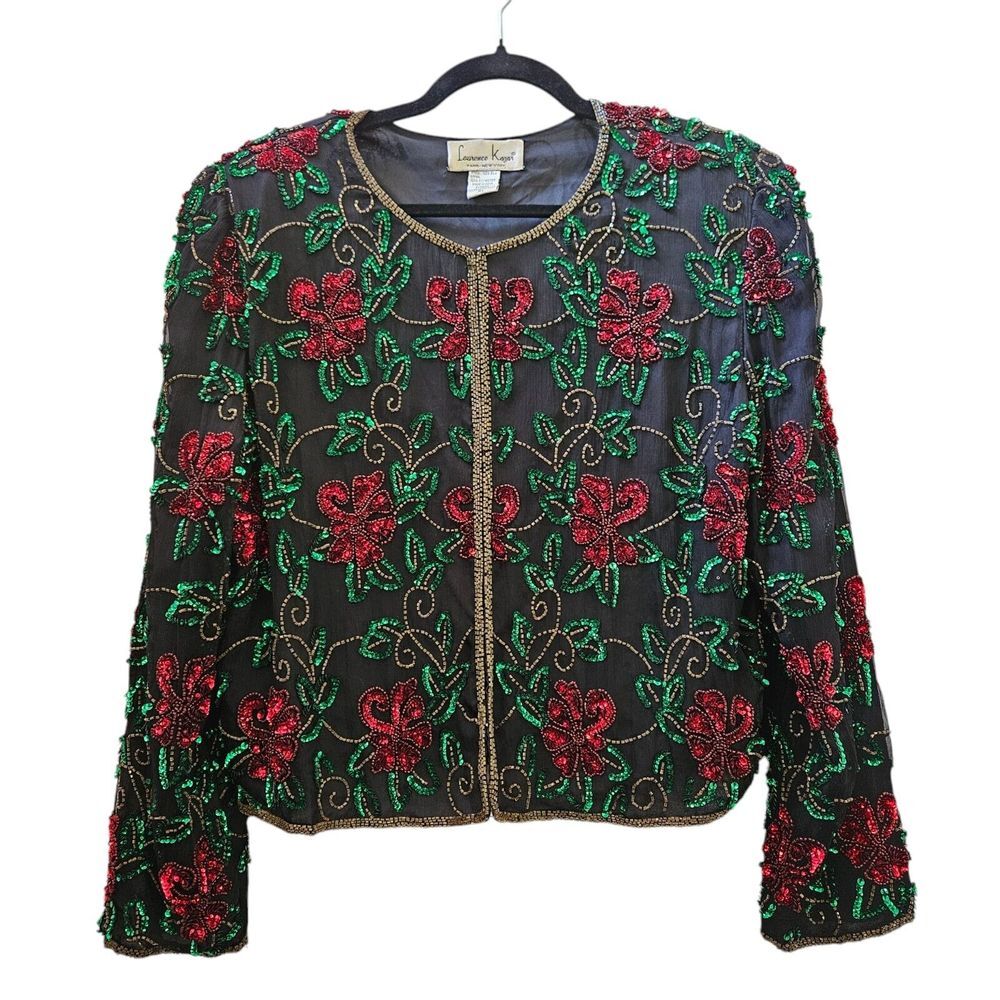Vtg Laurence Kazar Heavy Sequin Jacket XL Multi Floral Beaded Cropped Holidays